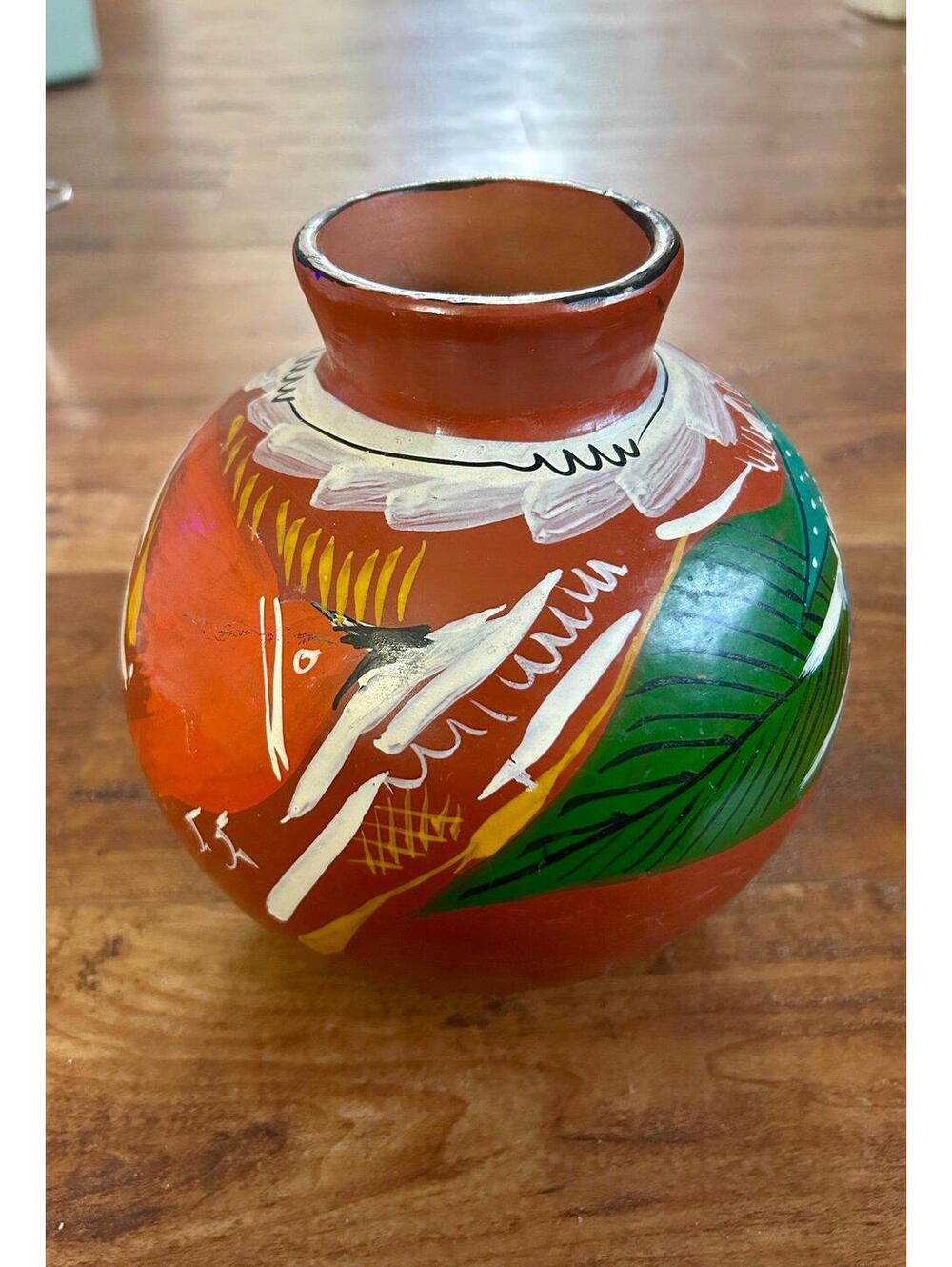 Hand painted Red Clay Pottery Vase Folk Art Jar Made in Mexico